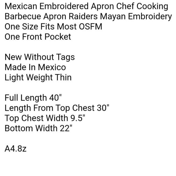 Mexican Embroidered Apron Chef Cooking Barbecue Apron Raiders Mayan Embroidered - Picture 6 of 6